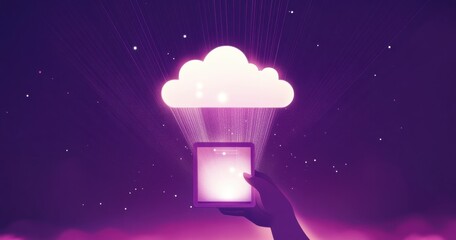 A hand holding a tablet with a glowing cloud symbol on a purple background, a technology concept for online storage and analysis of data, digital advertising, or business Generative AI