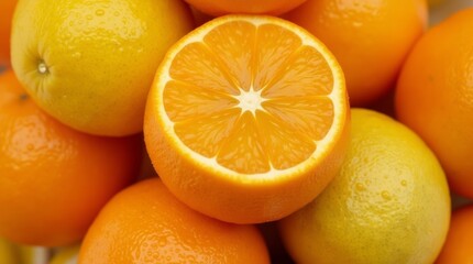 A close-up of vibrant oranges and lemons with droplets of water, showcasing their freshness and high vitamin C content, perfect for a healthy lifestyle theme.