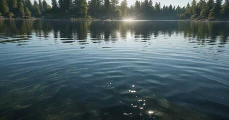 Sparkling water ripples on a serene lake surface, stillness, calm