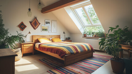 Bright attic bedroom with wooden furniture, colorful bedding, skylight window, and indoor plants creating a cozy ambiance