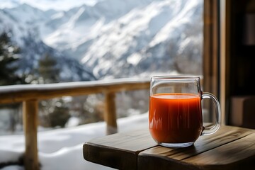 A clear mug of hot tomato soup on a wooden table, near a window with a snowy mountain view. Sunlight adds warmth to the cozy scene