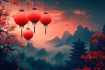 Obraz premium Festive red lanterns illuminated against a serene mountain backdrop during Chinese New Year celebration