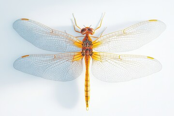 Close-up of detailed dragonfly model on white background