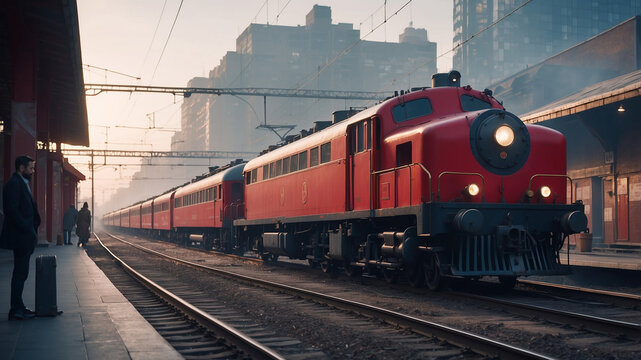 Red Locomotive in Urban Train Station with City Skyline