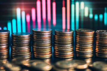 Stacks of coins with glowing chart depicting financial growth dynamics