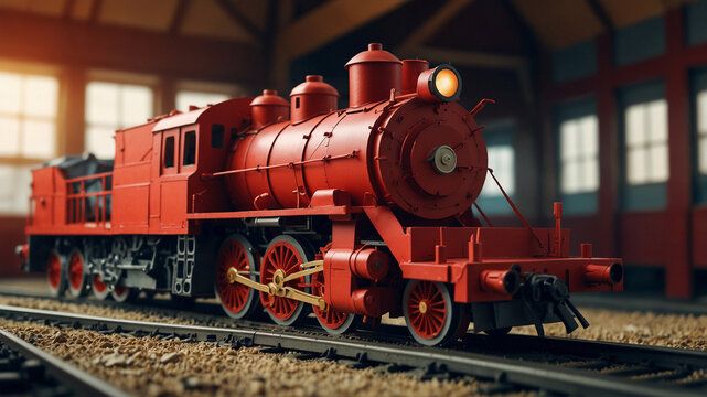 Model of a Red Steam Locomotive in Train Station