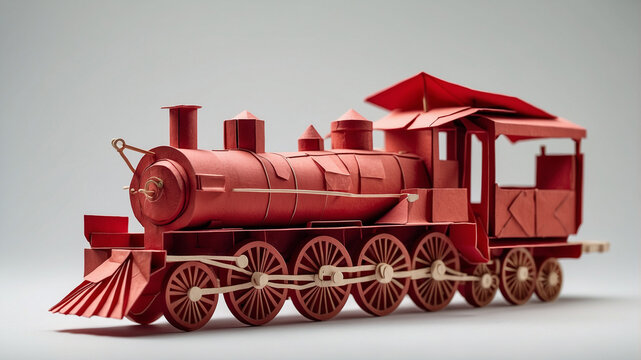 Origami Style Red Steam Locomotive on White Background