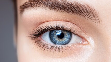 Obraz premium A close up of a woman's blue eye with long eyelashes
