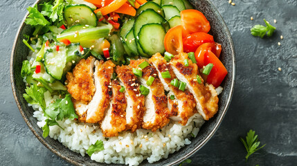 Miseczka z ryżem, złocistym kurczakiem i delikatnymi warzywami, serwowana w tradycyjnym japońskim naczyniu.