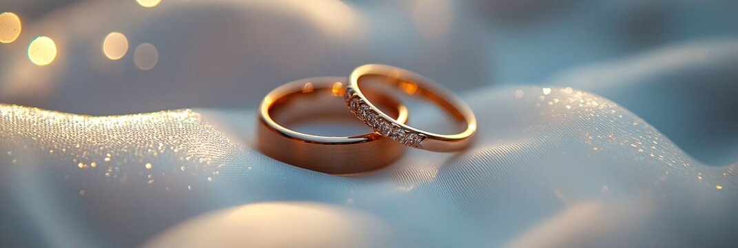 Elegant wedding rings on silky white fabric symbolizing love and commitment with warm bokeh lights suitable for romantic themed design featuring soft, dreamy tones perfect for wedding invitations