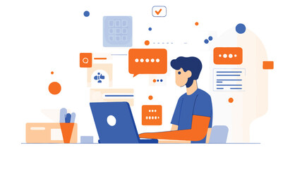 A flat vector illustration | A person sitting at the desk doing all the office work with a laptop. And he is thinking about digital marketing.  Art & Illustration