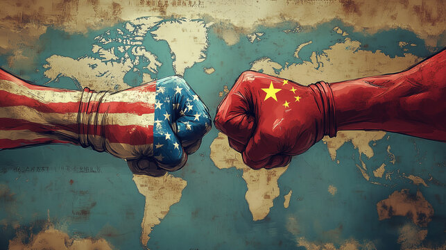 Flagi USA i Chin na pięściach zderzających się nad mapą świata obrazują napięcia międzynarodowe oraz walkę o wpływy polityczne i ekonomiczne między tymi krajami.