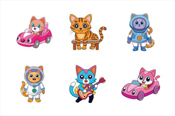 Cute Cat Astronaut, Guitarist, Sports Car and Bench Pose Vector Collection
