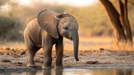 Baby elephant by water at golden hour