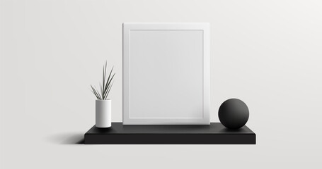 White realistic 3D frame on a black podium with a plant and a round ball. For concepts of placement photos, advertising, art images. Vector illustration.