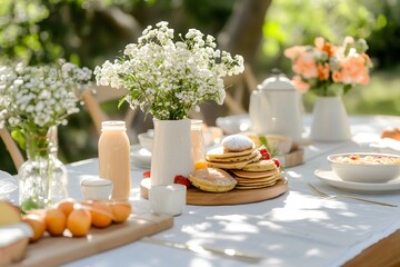 Spring brunch table setting with citrus and white flowers, elegant entertaining concept for Easter celebrations and seasonal gatherings. for lifestyle content, event planning, home decor inspiration. 