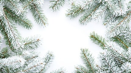 A border of snow covered pine branches on a white background