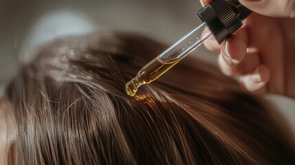 Naklejka premium Kobieta aplikuje olejek na włosy za pomocą pipety, pielęgnując i wzmacniając je w ramach domowej rutyny.