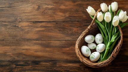 A basket filled with white tulips and eggs on a wooden table