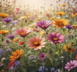 Fototapeta premium Retro greeting card, vibrant wildflowers, sun-faded palette, positive, bouquet, pretty