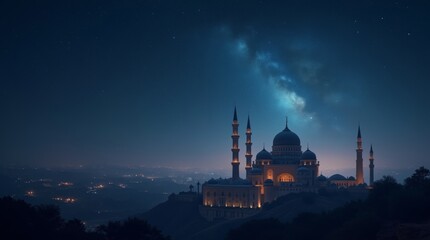 Fototapeta premium A photorealistic image of a serene night sky filled with stars above a mosque during the Night of Bara'at, highlighting the peacefulness and spiritual significance of the occasion.