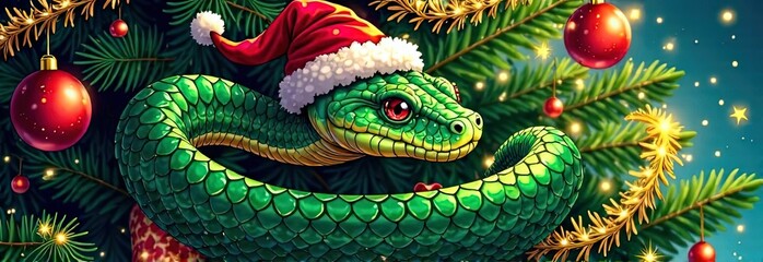 Fototapeta premium A vibrant green snake adorned with a Santa hat curls gracefully among Christmas tree branches, decorated with red ornaments and golden tinsel, against a glowing festive background
