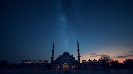 A photorealistic image of a serene night sky filled with stars above a mosque during the Night of Bara'at, highlighting the peacefulness and spiritual significance of the occasion.