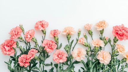 Fototapeta premium Pink and peach carnations with lush green foliage against a white background creating a fresh floral composition