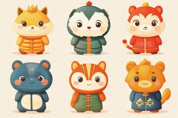 Cute cartoon animals celebrating Chinese New Year in festive clothing and vibrant colors