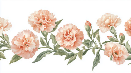 Delicate peach colored carnation flowers with green leaves on a white background