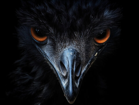 A close up of an emu on a dark background