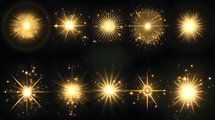 Naklejka premium Golden glowing light effects with solar flare beams and sparkling highlights, creating a radiant starburst