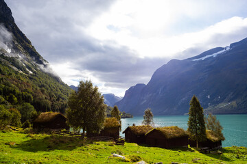 Traditional houses in Lovatnet lake valley in south Norway, Europe