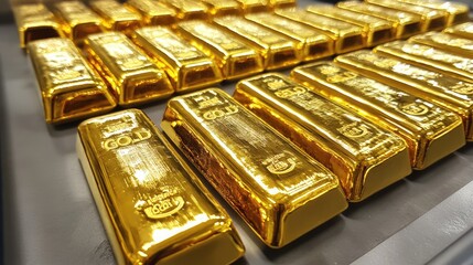 Rows of gold bars. Financial economy banking concept. Glittering shiny golden precious metal background