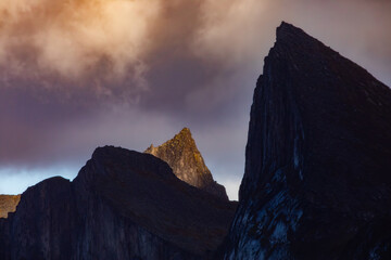 Stunning autumn landscape of Segla Mountain in Senja Island, Northern Norway, with dramatic cliffs...