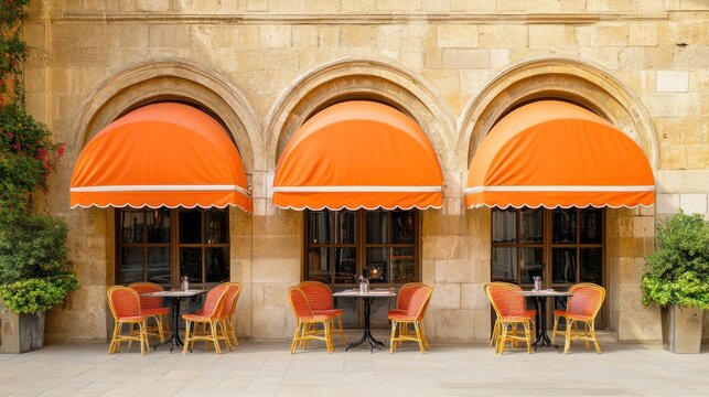 Three orange awnings shade a cafe's outdoor seating area against a stone building.