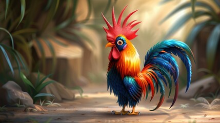 A vibrant, animated rooster stands in a lush, tropical setting.