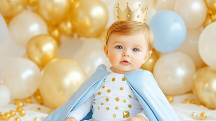 Fototapeta premium Cozy party setting with a baby dressed as a king in a blue cape enjoying golden balloons in a pastel-themed room filled with festive decorations