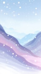 Gentle hues of purple and blue blend harmoniously in the serene winter landscape, where snowflakes drift softly upon rolling hills, creating a peaceful atmosphere