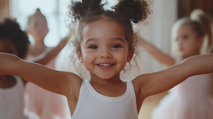 Smiling young girl in ballet class with arms extended, surrounded by other dancing children
