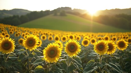 Fototapeta premium Sunset over vibrant sunflower field, warm tones, nature's beauty