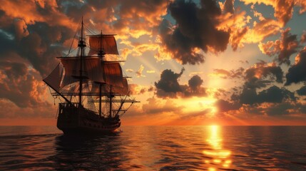 Fototapeta premium A magnificent tall ship sails across a tranquil sea during a stunning sunset, with vibrant clouds illuminating the sky in orange and gold hues. AI generated.