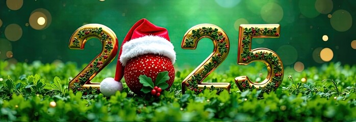 Golden "2025" numbers adorned with clover and holly patterns, featuring a red Santa hat and a festive ornament in a lush green setting with a cheerful holiday vibe