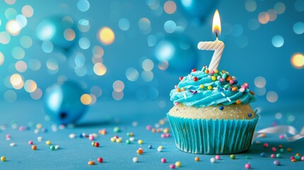 Festive cupcake with blue frosting, colorful sprinkles, and a number 7 candle lit against a vibrant bokeh background for a birthday celebration. Generative AI