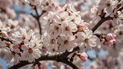 Obraz premium A close-up of blossoming tree branches adorned with delicate pink and white flowers, showcasing the intricate details and vibrant colors of spring.
