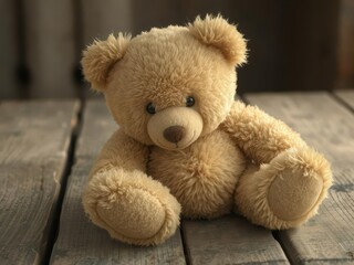 Obraz premium A fluffy teddy bear sits serenely on a rustic wooden table, rustic, background