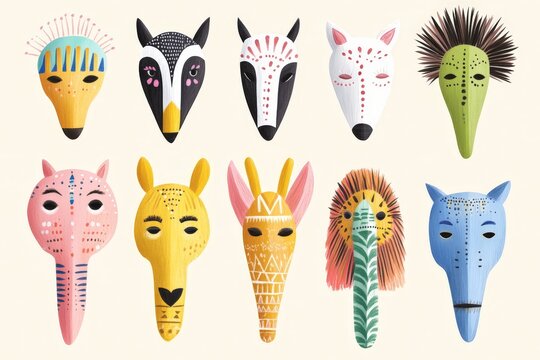 Set of ten colorful and creative animal-inspired wooden masks with intricate patterns, perfect for cultural or artistic themes.