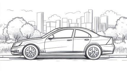 Car on road coloring page, book drawing of travel transport, automobile sketch outline, vehicle illustration cartoon, drive transportation for children, cute city landscape, kid education adventure.