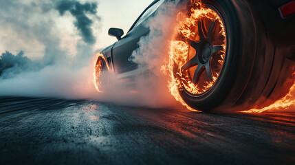 Car tire performing burnout with fire and smoke, drifting automobile leaving burning rubber marks, high performance vehicle demonstrating power, extreme motorsport action with spinning wheels.