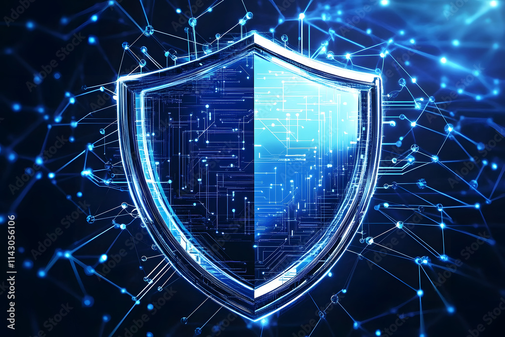 Poster digital shield with network connections, representing cybersecurity protection and data safety in a 